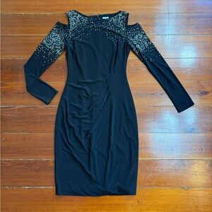 Vintage Cache Studded Cold Shoulder Side Ruched Stretch Knit Dress Sz 4 🧡🍄